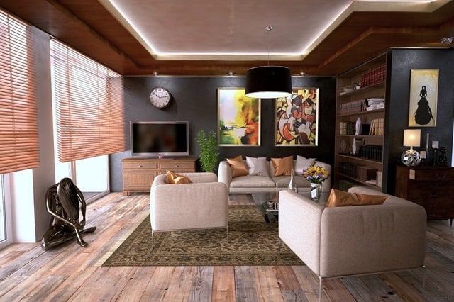 A trendy living room with simplistic furniture and dynamic walls and ceiling
