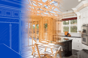 Image of a custom built home from three perspectives: the blueprint, the framework, and the finished version.