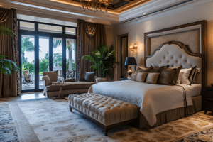 a master bedroom with a brown color scheme with gold accents showing a bed along with a view outside of trees